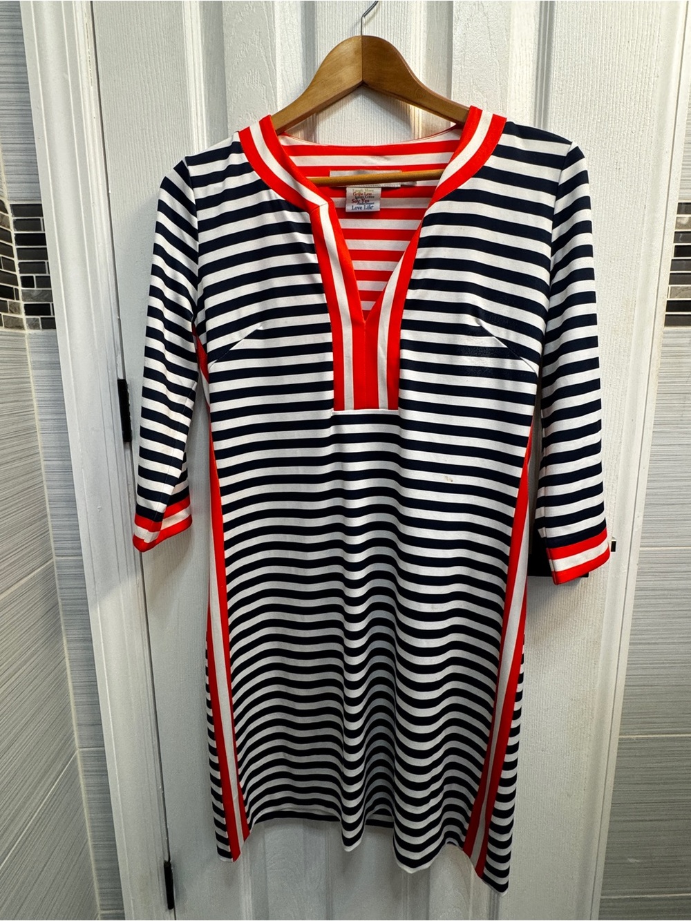 Gretchen Scott Size S Navy White Stripe Tunic Dress Orange Trim